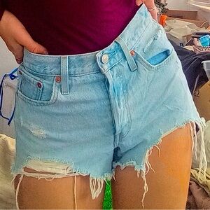 Levis High Waisted Distressed Light Denim Shorts